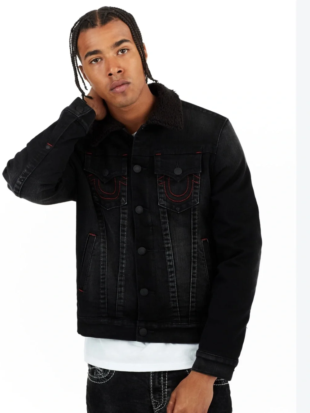 True Religion Black Denim Sherpa Collared Trucker Sherpa Jacket Mens XXL